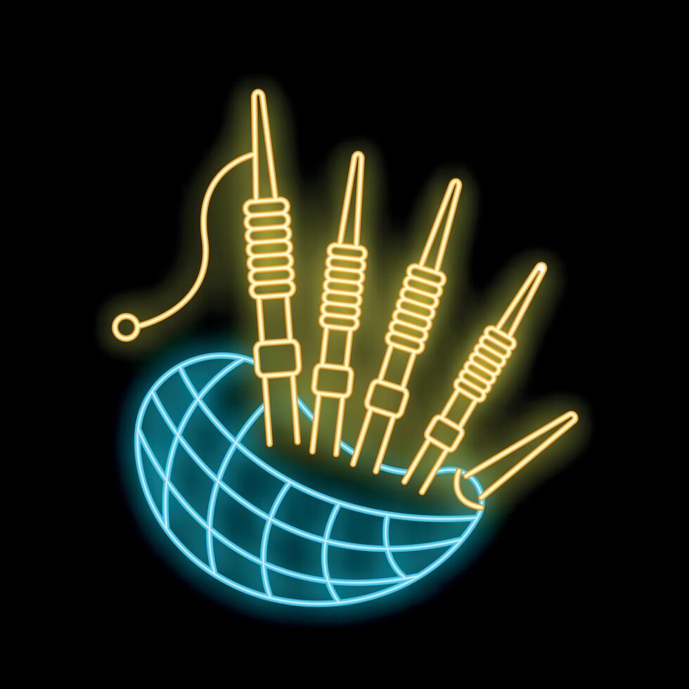 Neon sign showing bagpipes standing on a world grid vector