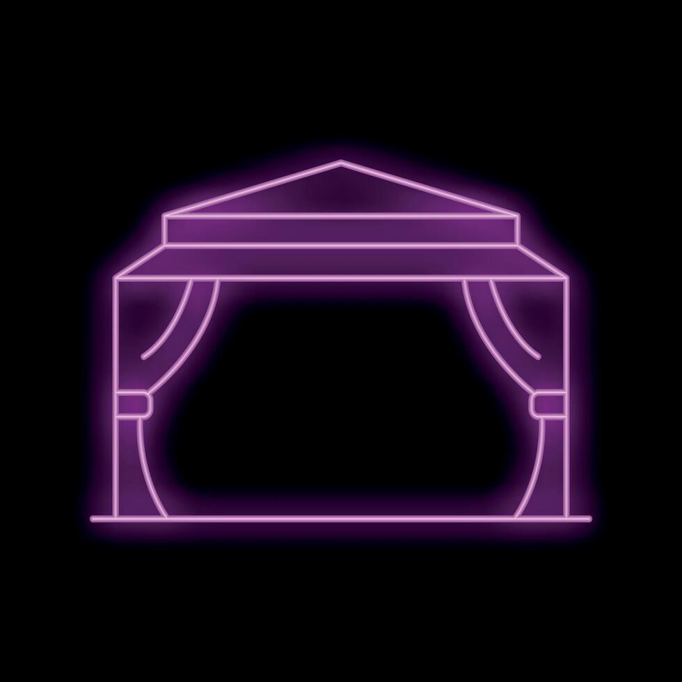 Glowing neon line icon representing a market stall with curtains on a black background vector