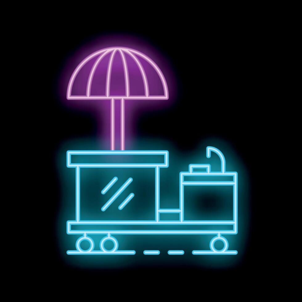 Neon street food cart with umbrella shining on black background vector