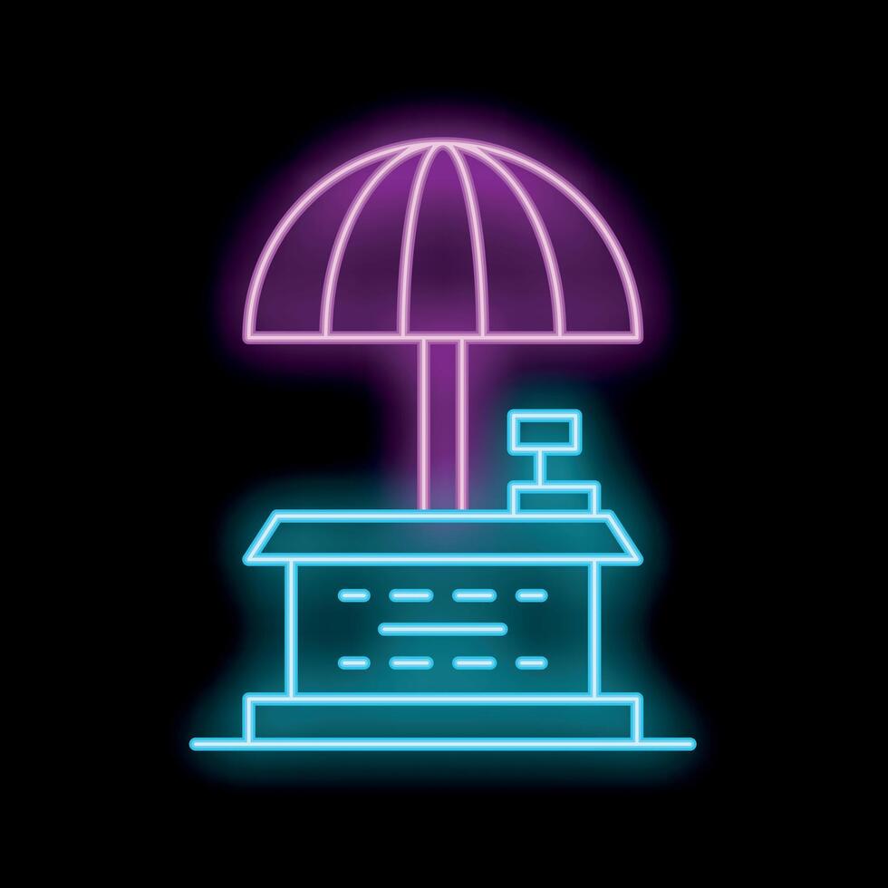 Neon sign depicting street food stand with umbrella on black background vector