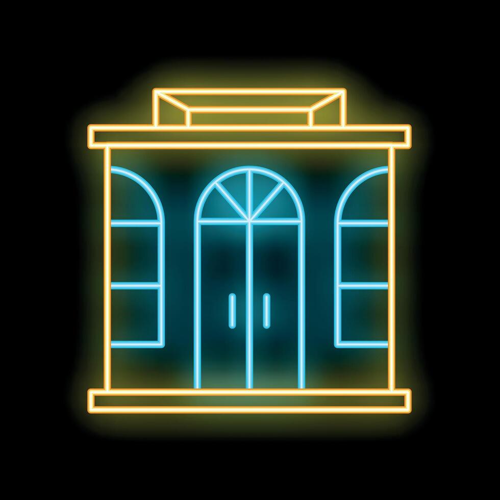 Neon sign of classical building facade with glowing arch door and windows at night vector
