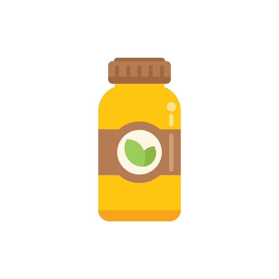 Yellow plastic bottle with brown label containing green liquid and two green leaves logo representing bio product vector