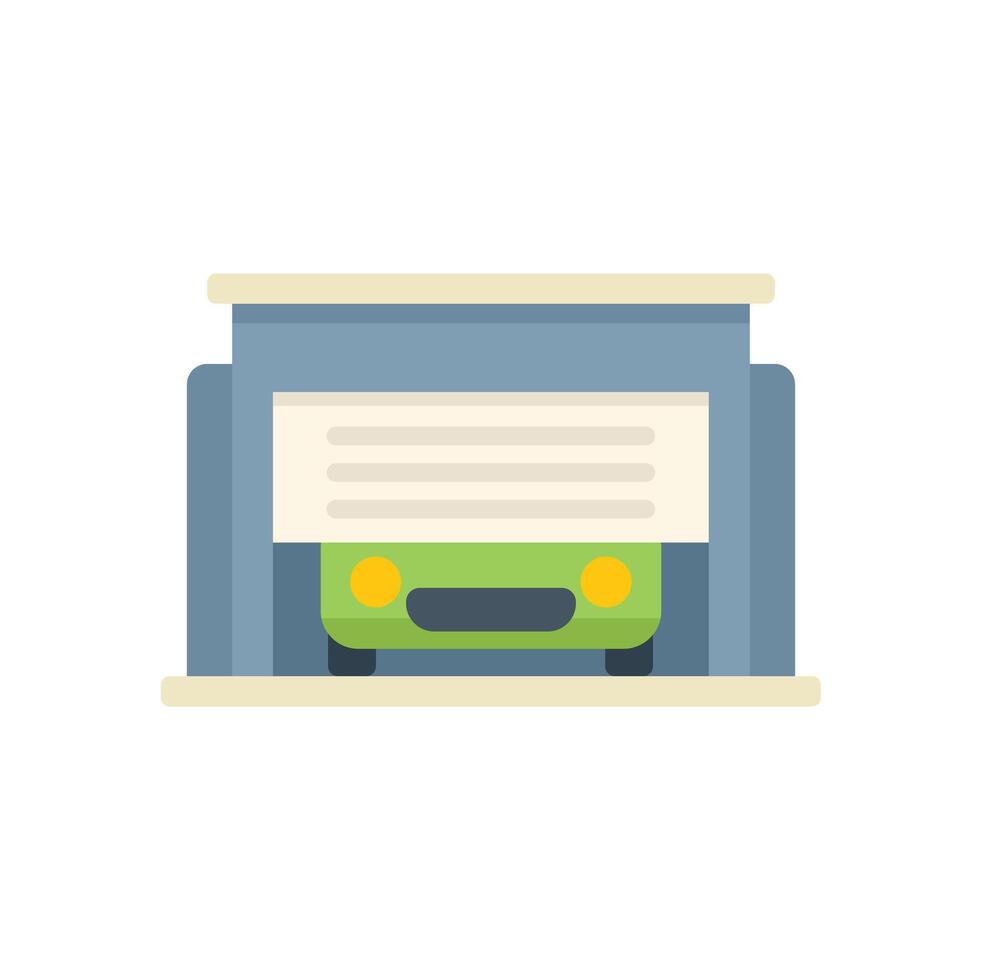 Green car parked inside garage building icon vector