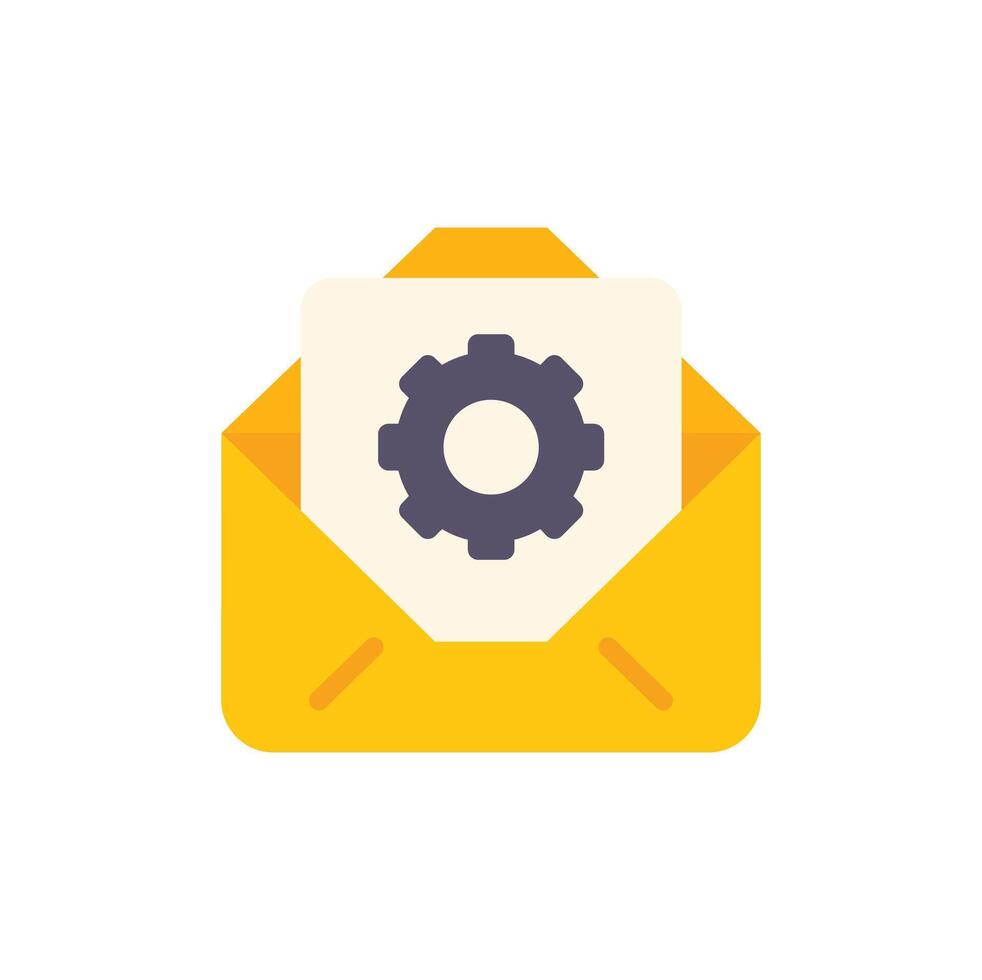 Yellow open envelope containing document with gear icon showing technical support concept vector