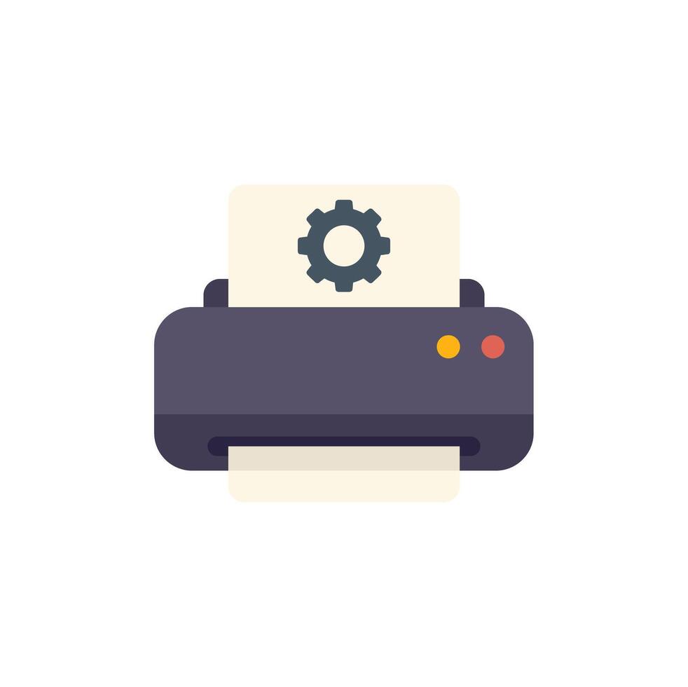 Printer performing setup configuration with cogwheel symbol displayed on paper vector