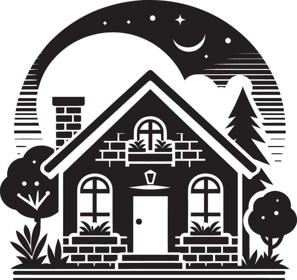 a black and white picture of a house with a moon and stars vector