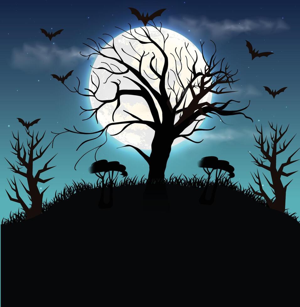 Halloween haunted forest death tree vampire white moon and cloud sky vector