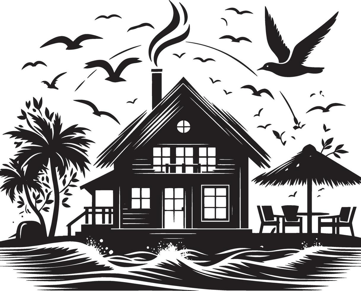 a black and white drawing of a house with a bird flying above it vector