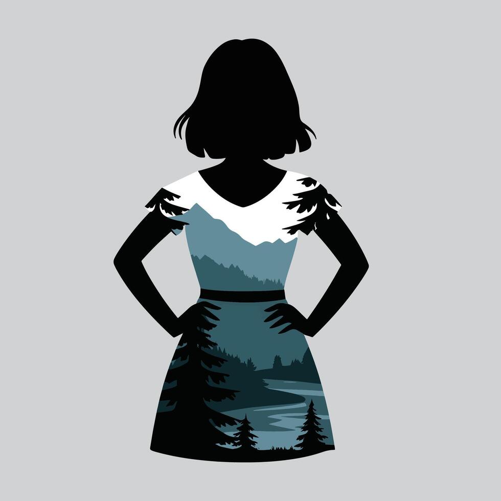 a drawing of a girl with a white dress and a blue dress with a white feather on it vector