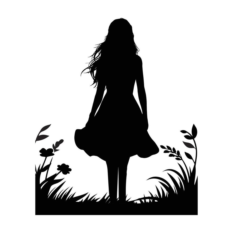 a silhouette of a girl in a grass with flowers and plants. vector