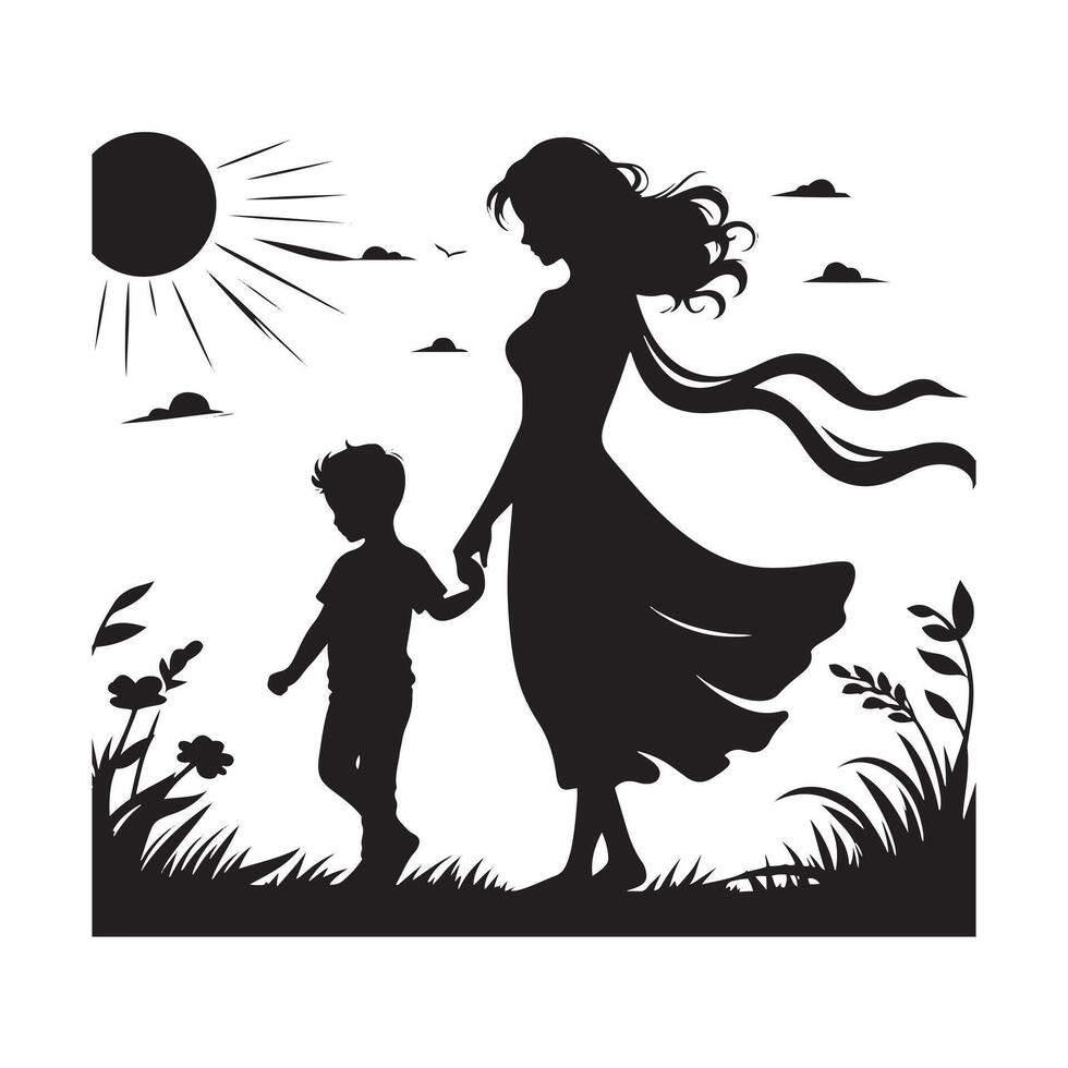 a silhouette of a woman and a child in a field with the sun shining through the vector