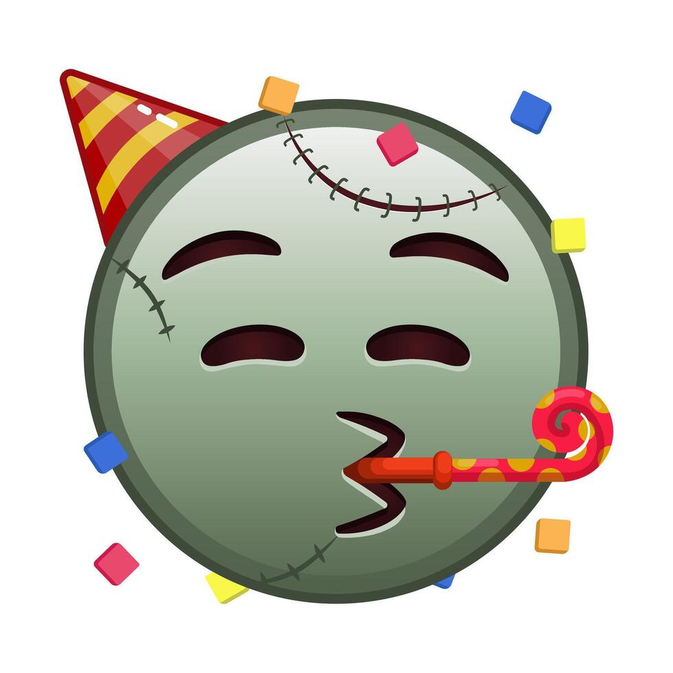 Face with a festive horn and cap Large size of zombie halloween emoji vector