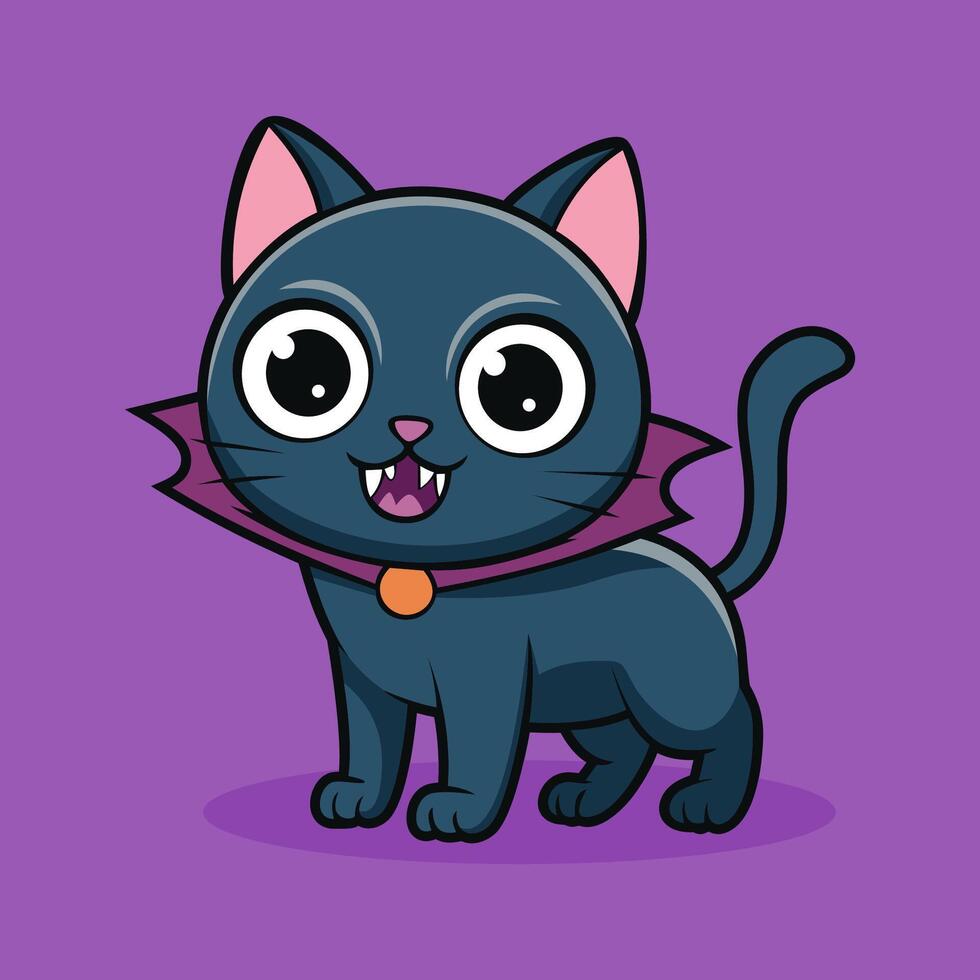 Cartoon cat with vampire teeth on purple background vector