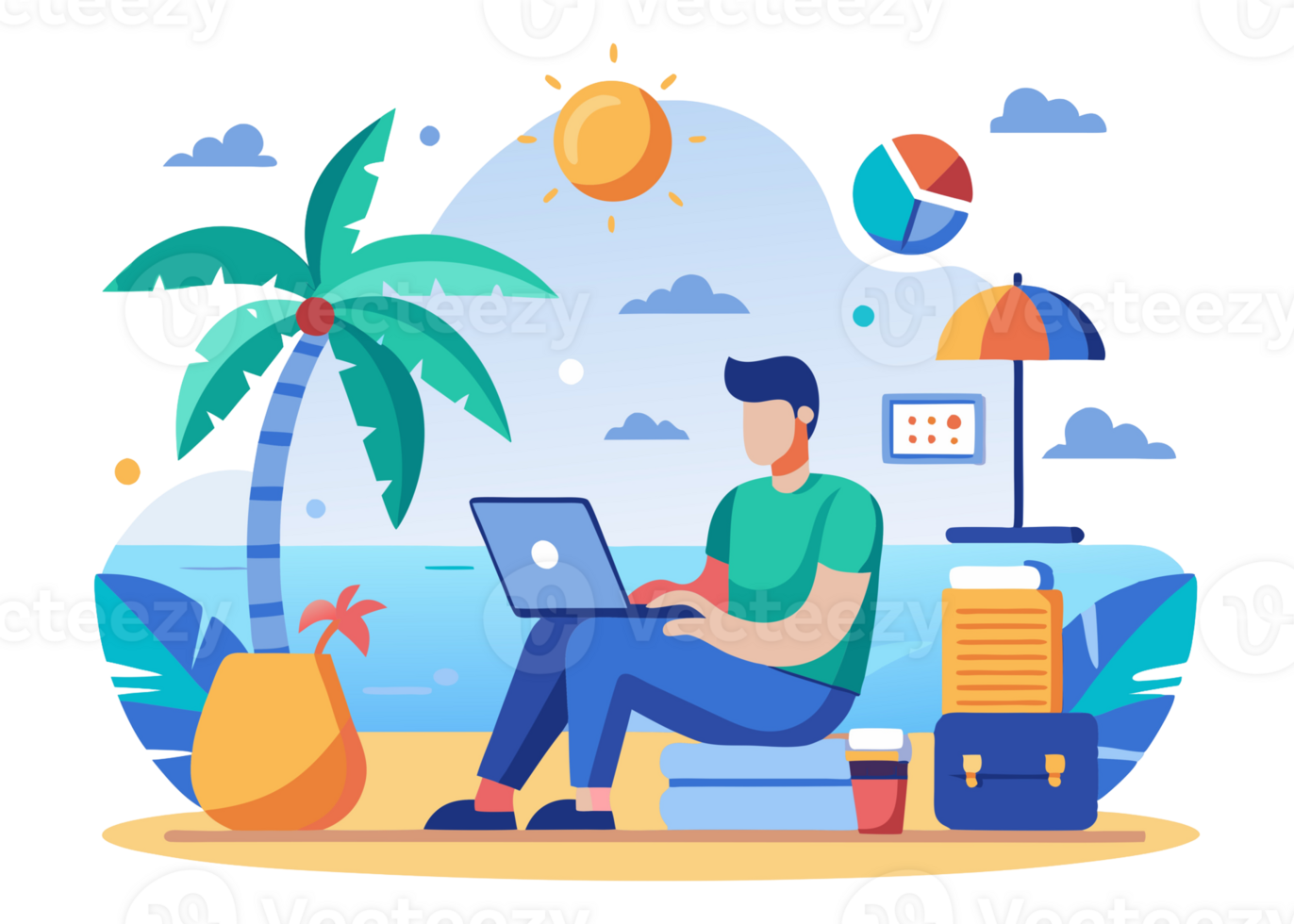 Digital Nomad at Beach Illustration, Modern Design png