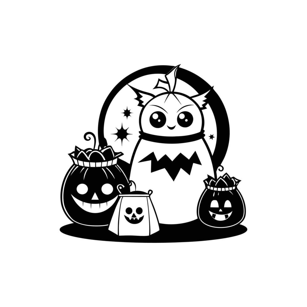 A black and white drawing of a halloween pumpkin and a cat vector