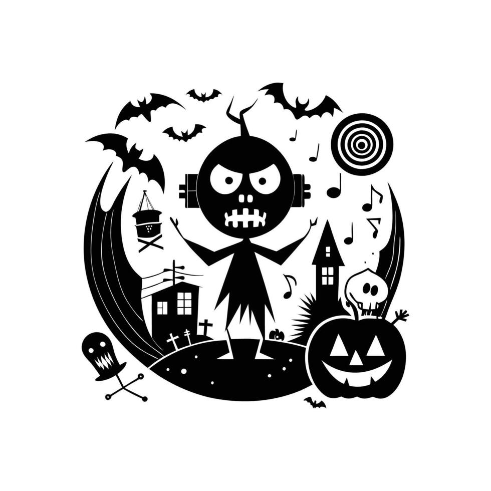 A black and white illustration of a halloween character vector
