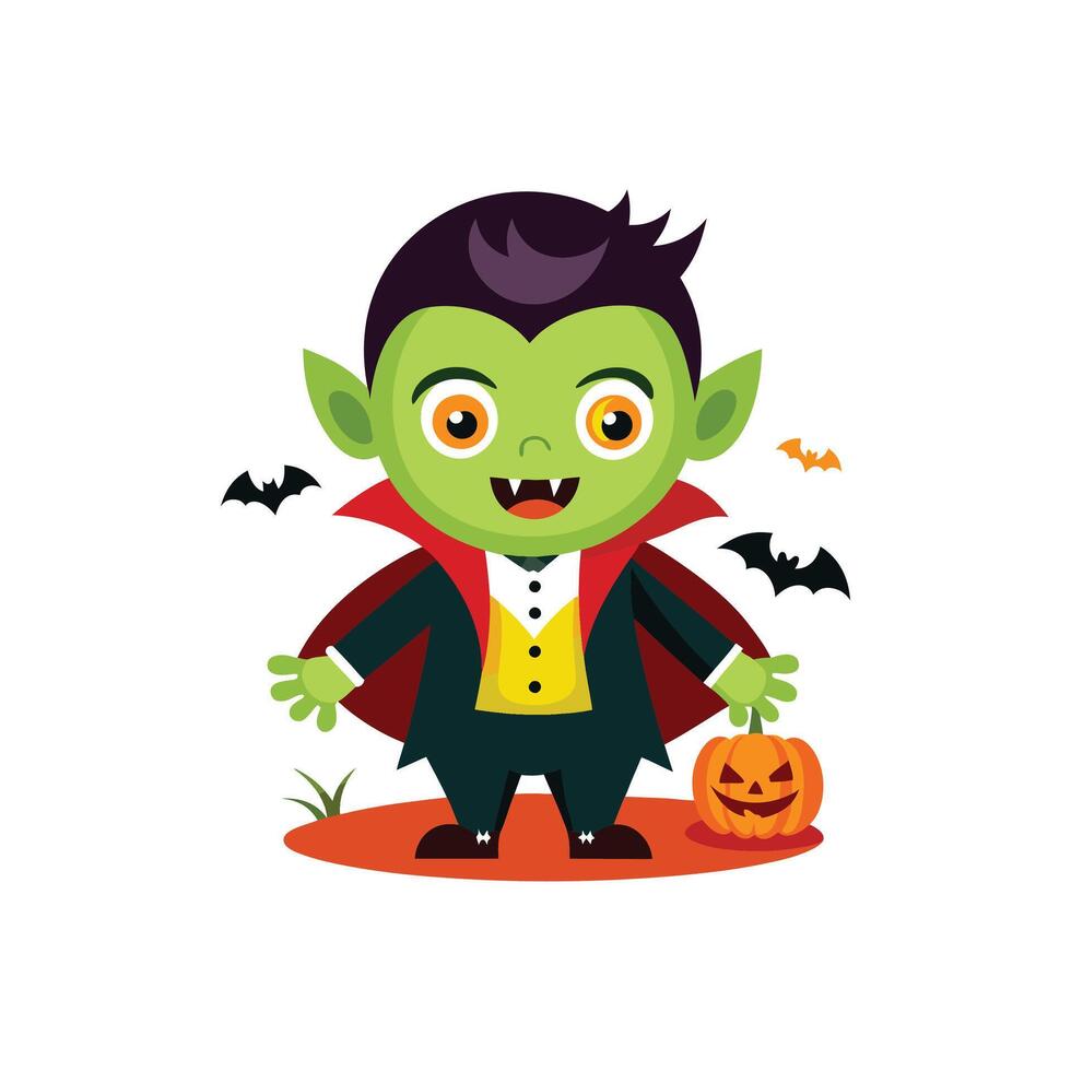 A cartoon vampire with a bat and pumpkin vector