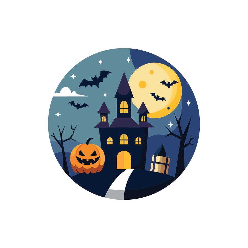 Halloween house with pumpkins and bats on the front vector