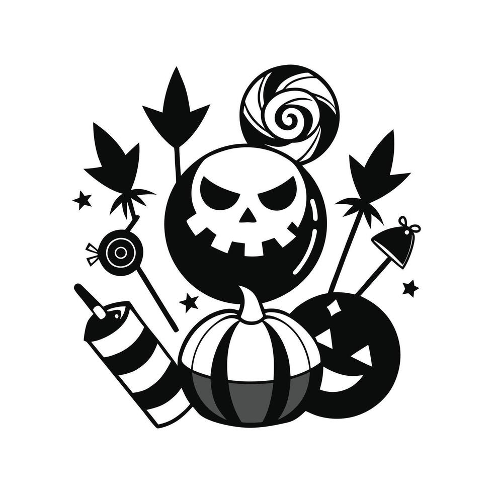 A black and white illustration of a pumpkin, candy, and other items vector