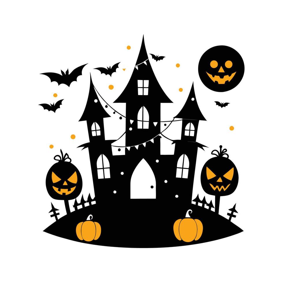 Halloween castle with pumpkins and bats illustration vector