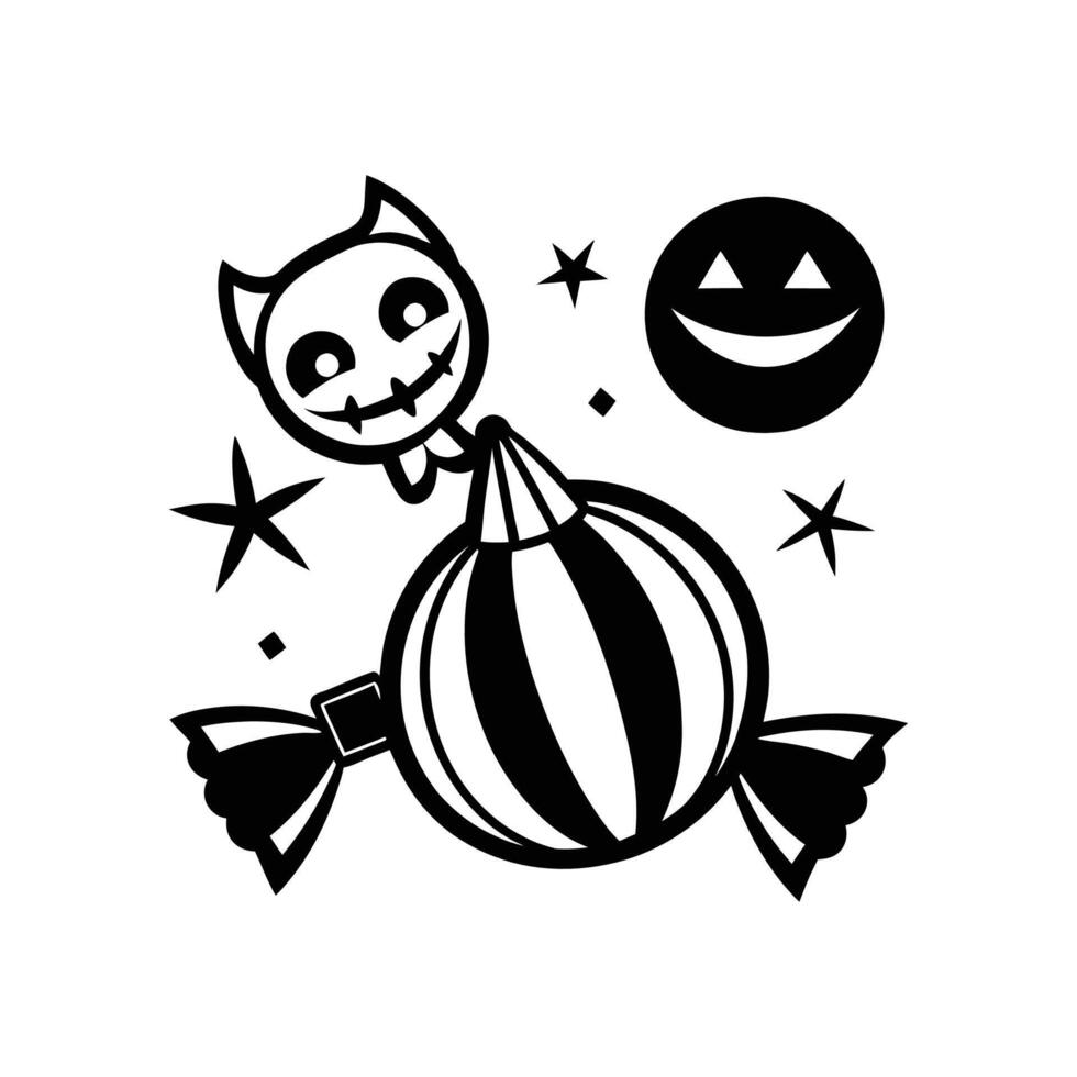 A black and white drawing of a cat and pumpkin vector