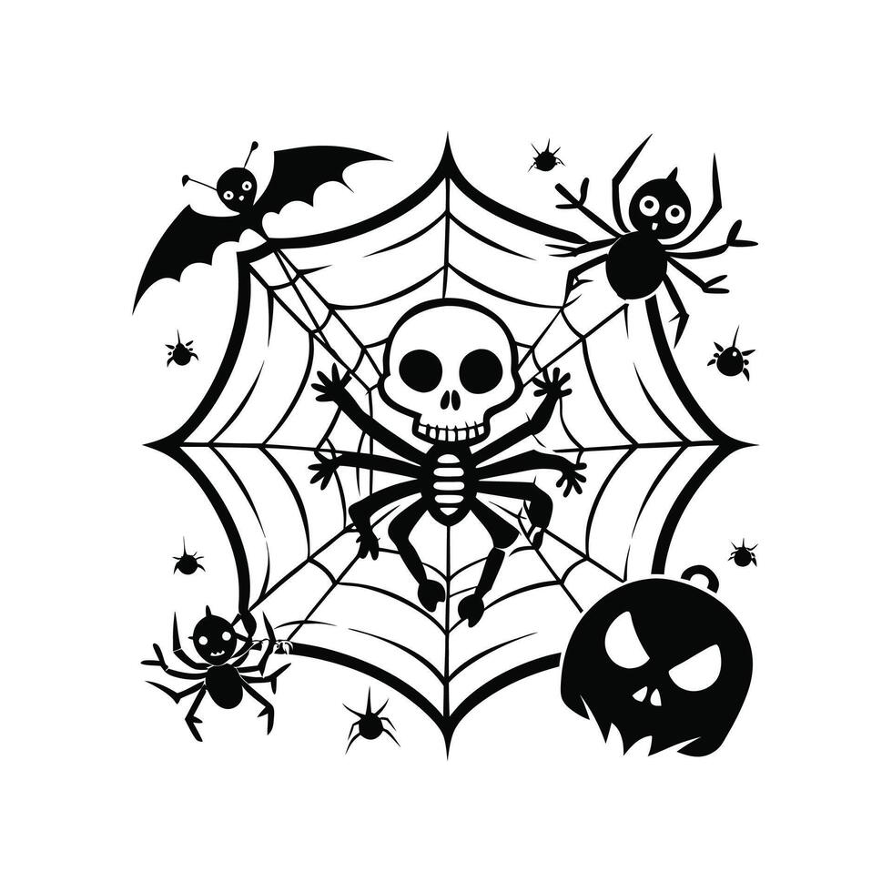 Halloween spider web with skeleton and bats vector