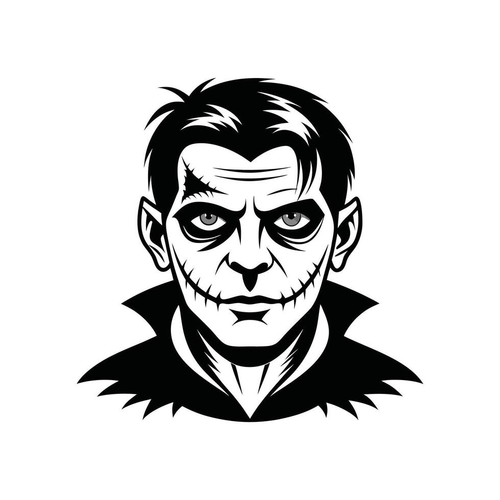 The face of a vampire is shown in black and white vector