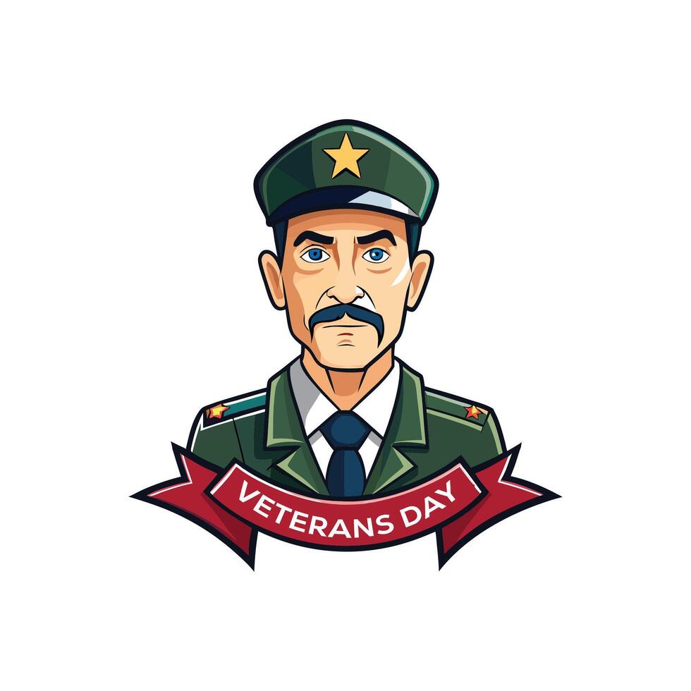 Veterans day military man with mustache and ribbon vector