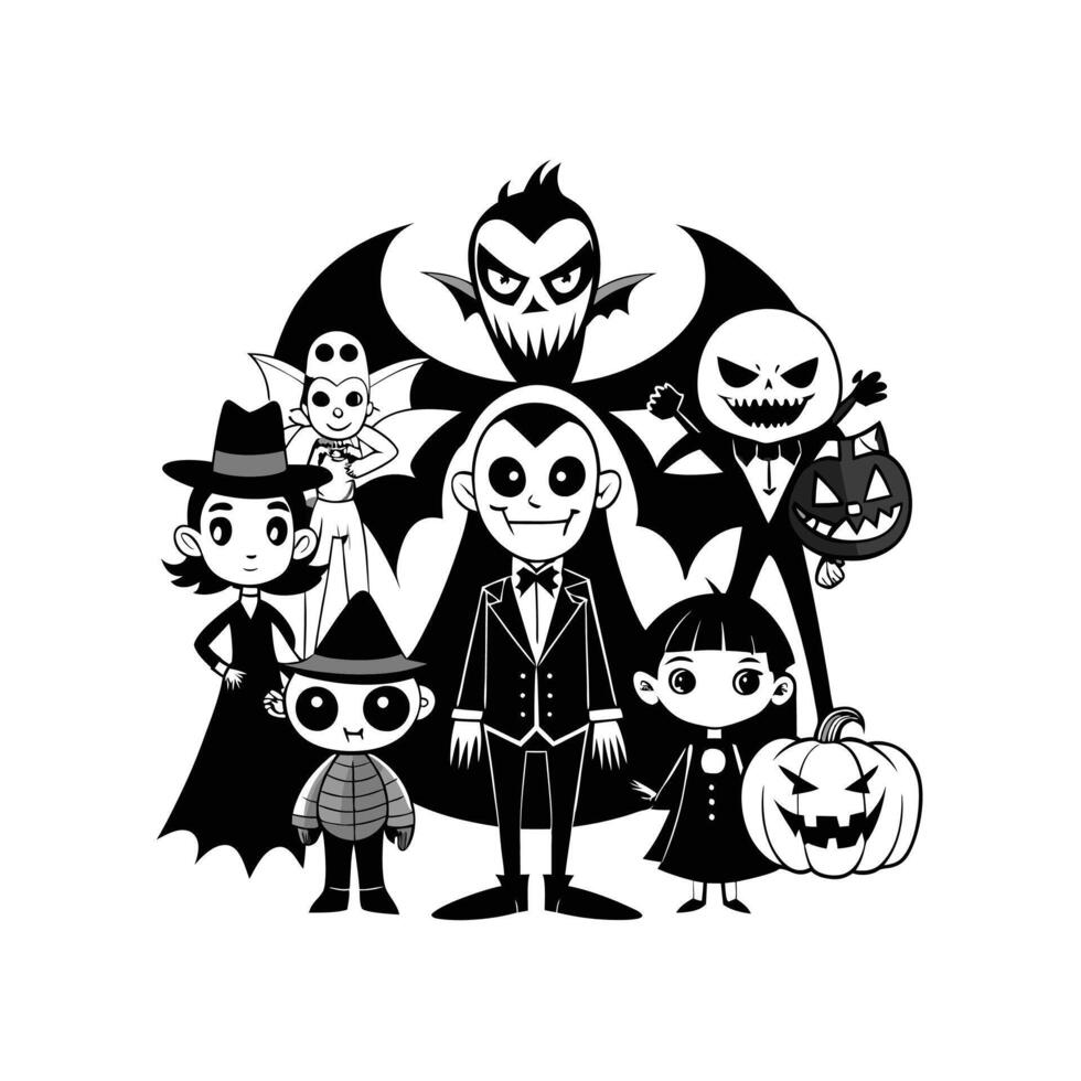 A black and white drawing of a family of halloween characters vector