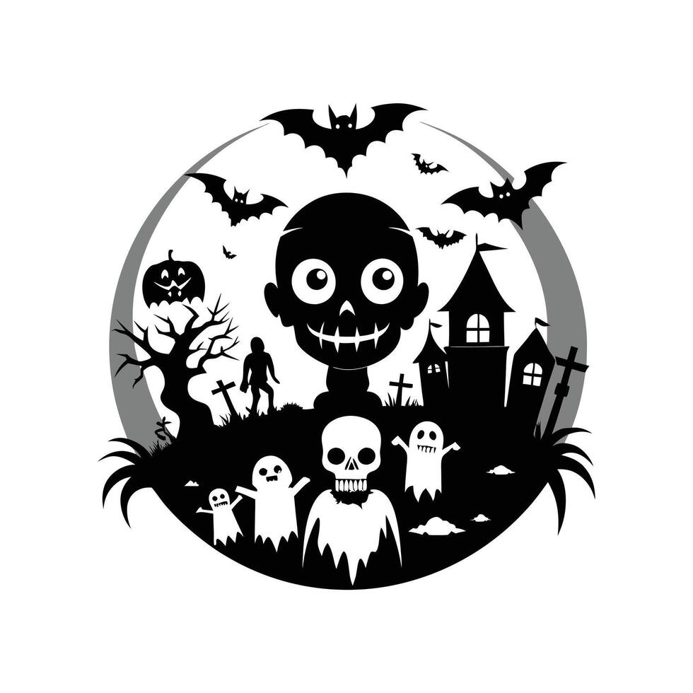 Halloween illustration with skeleton, bats and ghosts vector