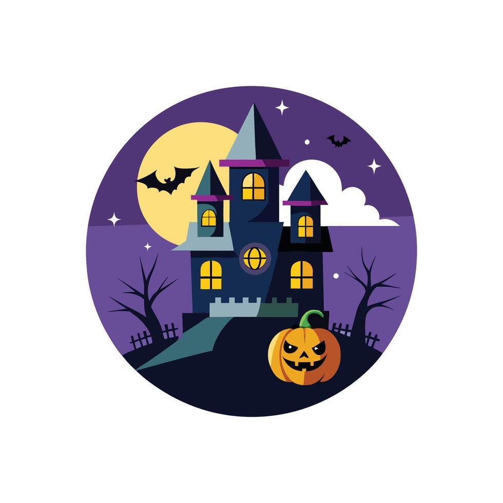 Halloween house with pumpkins and bats on the roof vector