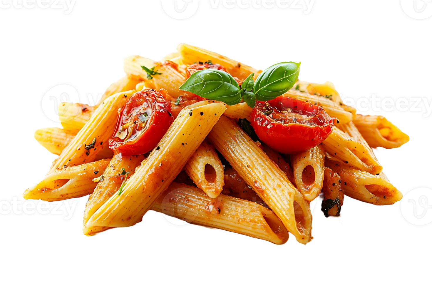 Floating penne pasta with roasted tomato isolated on transparent background. png