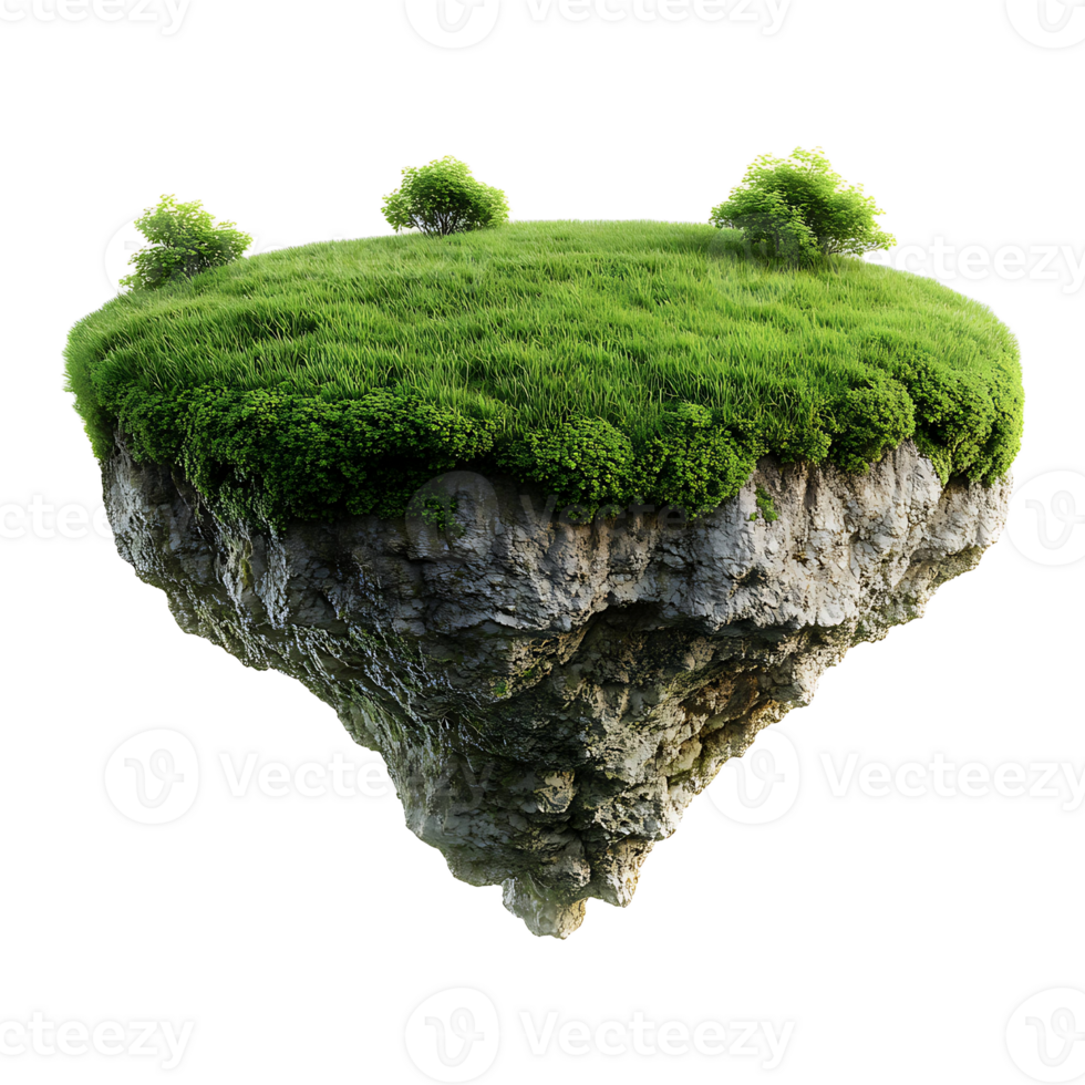 Floating green grass island isolated on transparent background. png