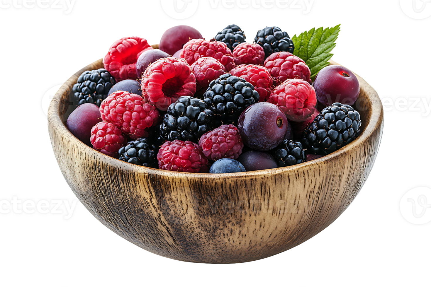 Fresh mixed berries in a wooden bowl isolated on transparent background. png