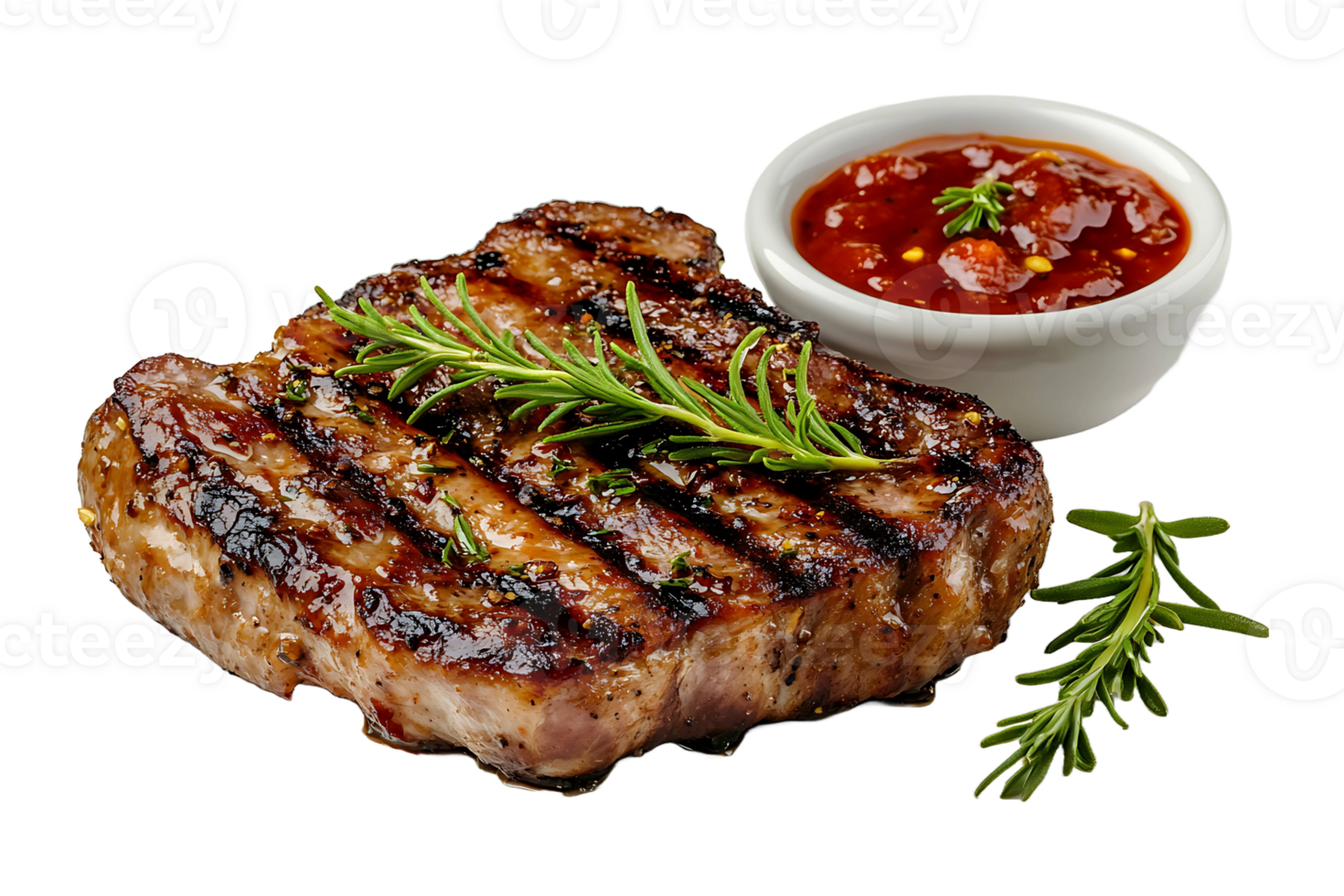 Flying grilled pork steak with tomato sauce chili isolated on transparent background. png