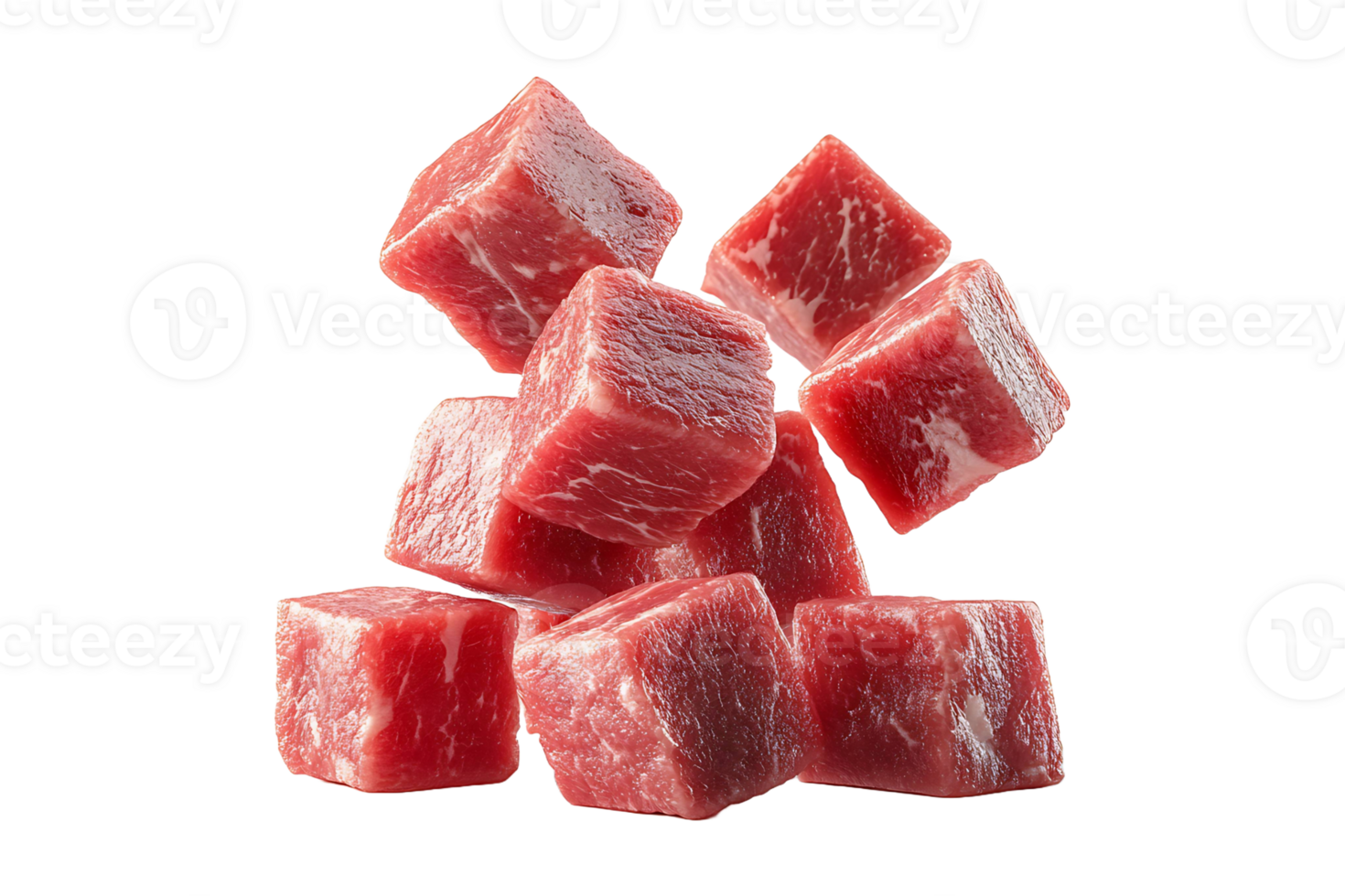 Floating raw meat cubes isolated on transparent background. png
