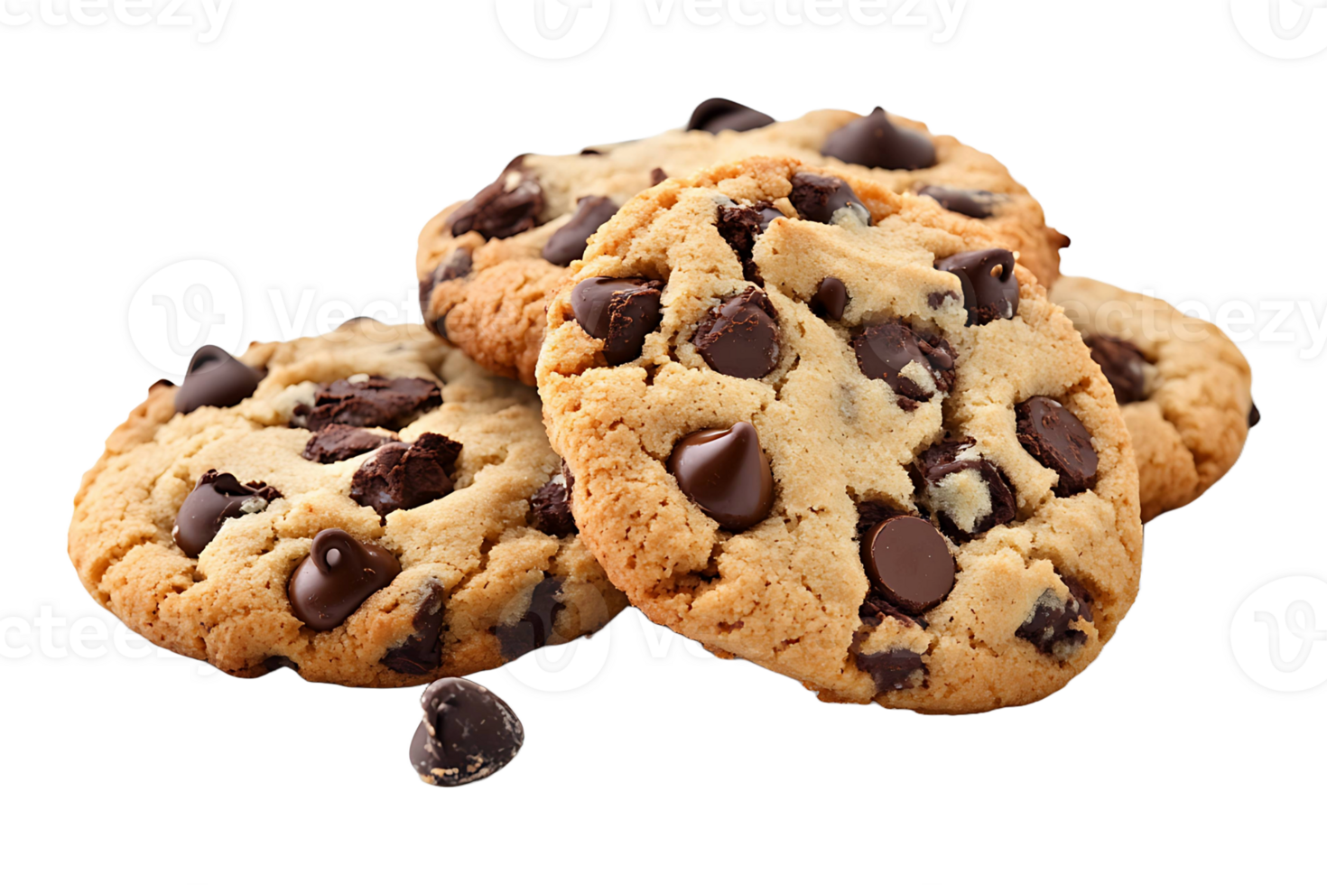 Freshly baked chocolate chip cookies isolated on transparent background. png