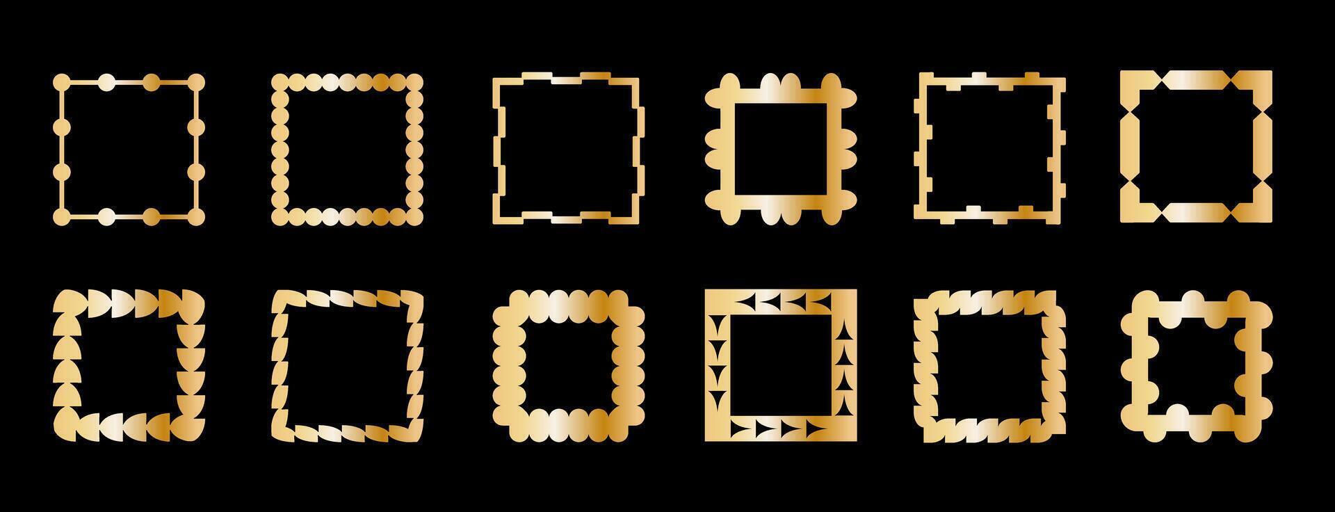 Retrofuturism frame set, engraved gold. Art deco frame template, stylized decorative frame format with pattern. vector