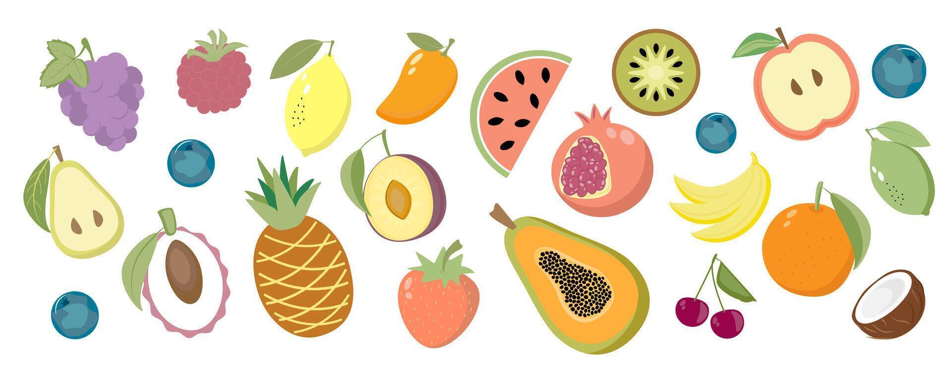 Sticker collection. Set of different fruits and berries, organic vitamins and healthy food. Watermelon, banana, peach, apple background vector
