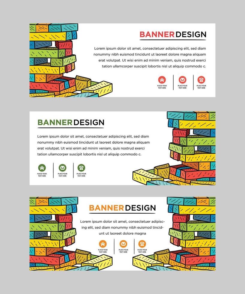 set of web banner templates with brick construction, interlocking toy bricks, building blocks, parts or pieces on white background and place for text. Colorful doodle style backdrop. vector