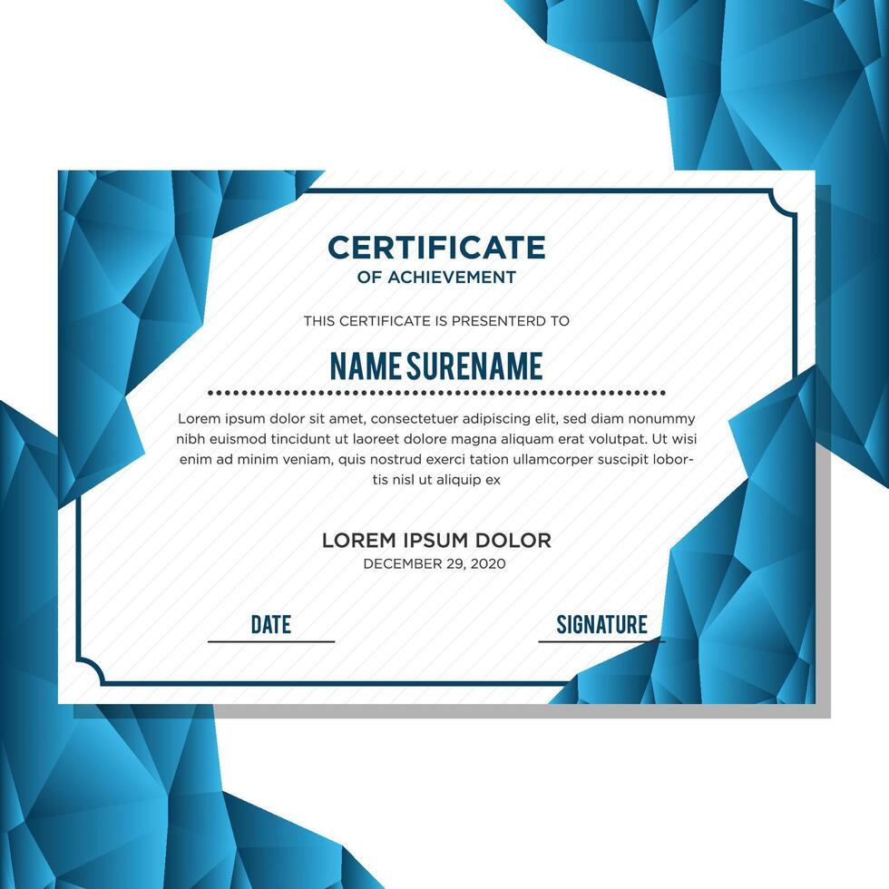 certificate template. Creative certificate with clean and modern pattern. Polygonal concept, gradient blue color. vector