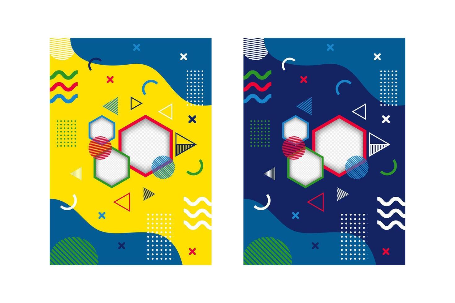 Modern abstract covers set. Cool gradient shapes composition. yellow and blue colors for background. hexagon space for photo collage vector