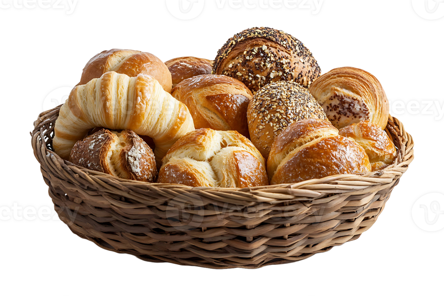 Delicious pastries and breads in a vase basket isolated on transparent background. png