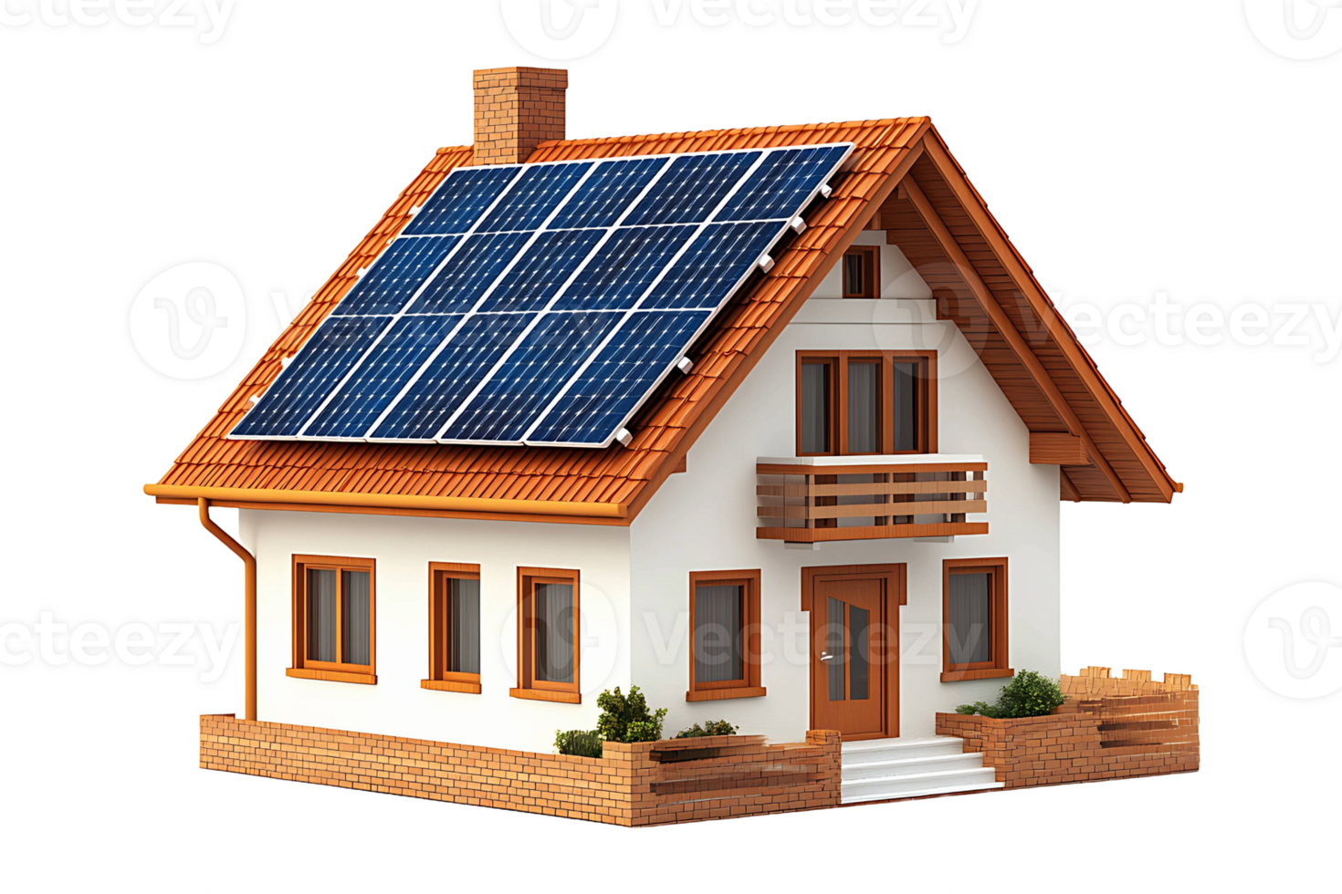Family house model with solar panels on the roof isolated on transparent background. png