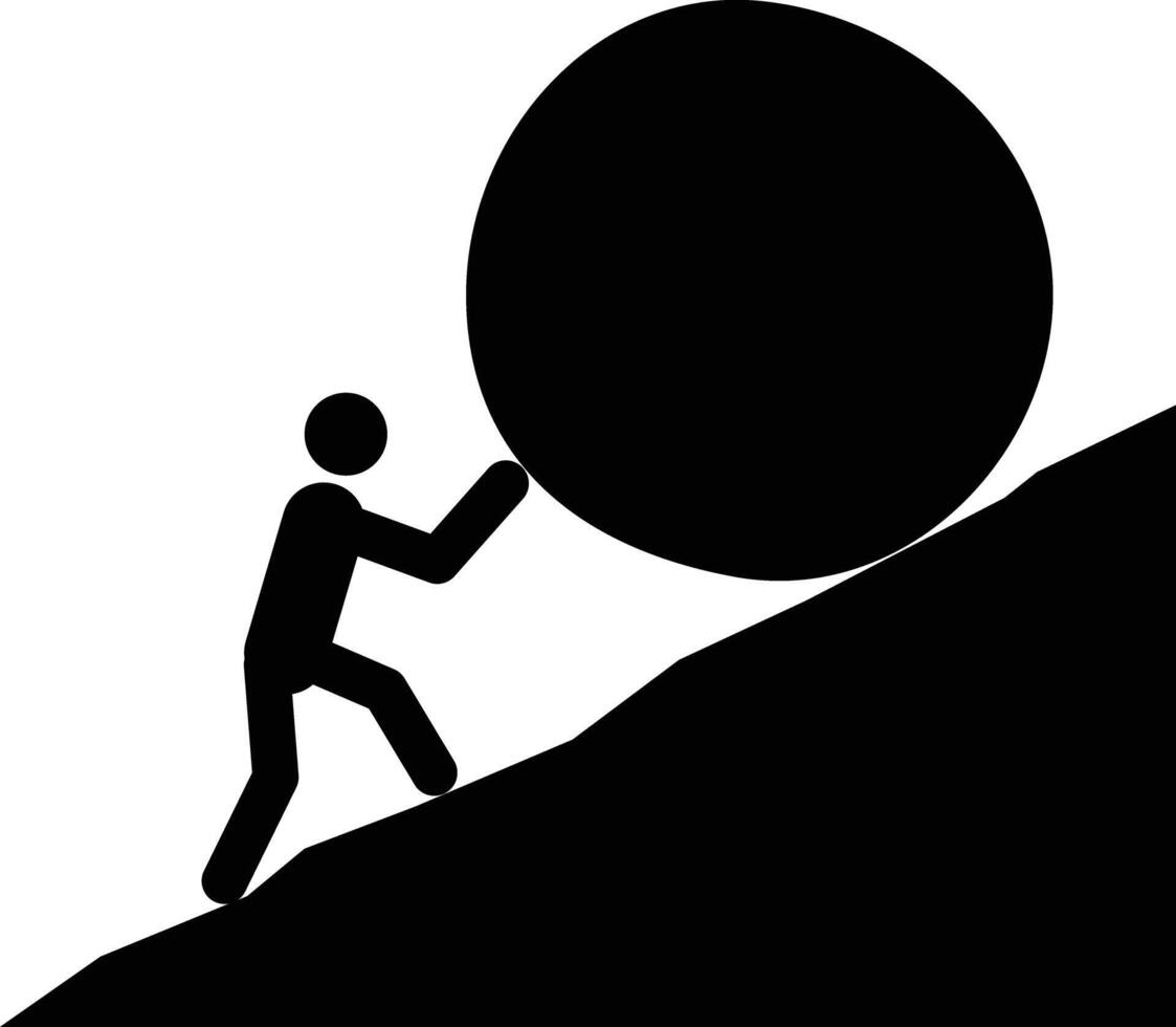 Sisyphean task icon. Strong Man pushing big boulder uphill sign. Man uses his strength to push a big rock up the steep hillside symbol. Business struggle logo. flat style. vector
