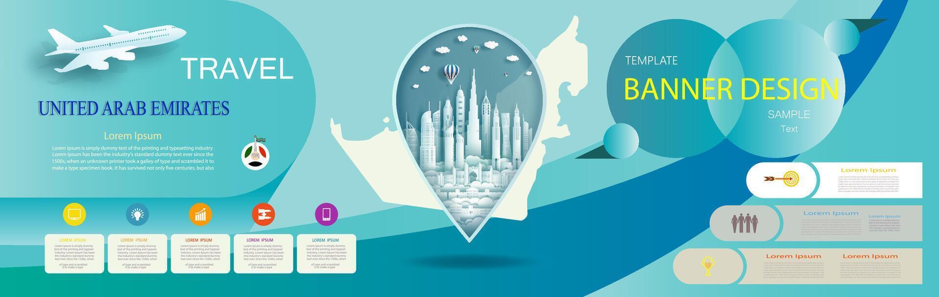Travel poster template design with promotion text for presentation of UAE. vector
