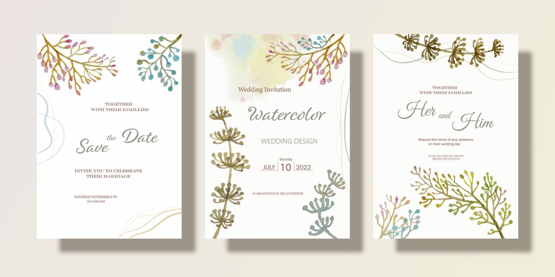 Wedding invitation card set with watercolor abstract flora paintings. vector
