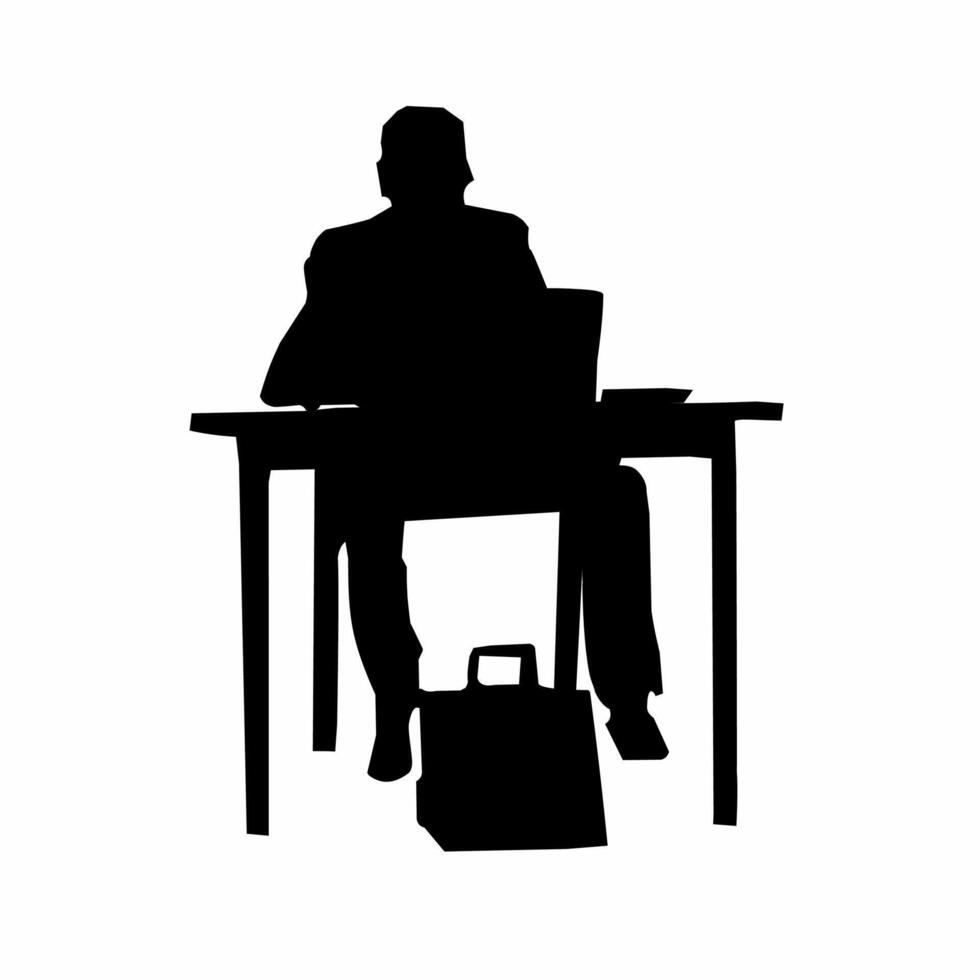 Silhouette of a man sitting at a desk with a laptop vector