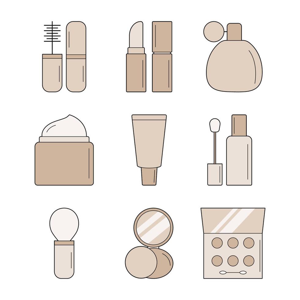 A set of icons for decorative cosmetics in beige shades on a white background. vector