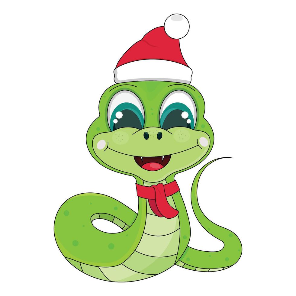 Cute cartoon green snake with big eyes, red hat and scarf on a white background. The symbol of the year. A New Year's character. vector